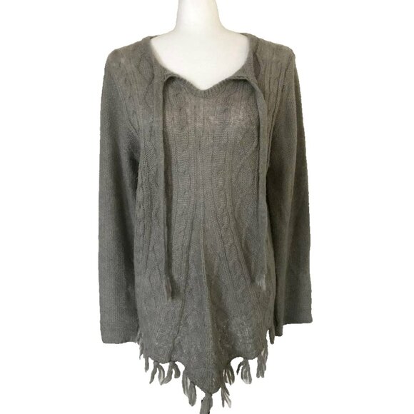 PRANA Shelby Poncho Sweater Womens Size Large Fog Taupe Cable Knit Tassle - Picture 1 of 7